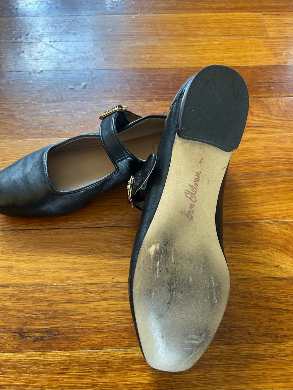 Sam Edelman Black Mary Jane Flats with Gold Buckles - Picture 4 of 5